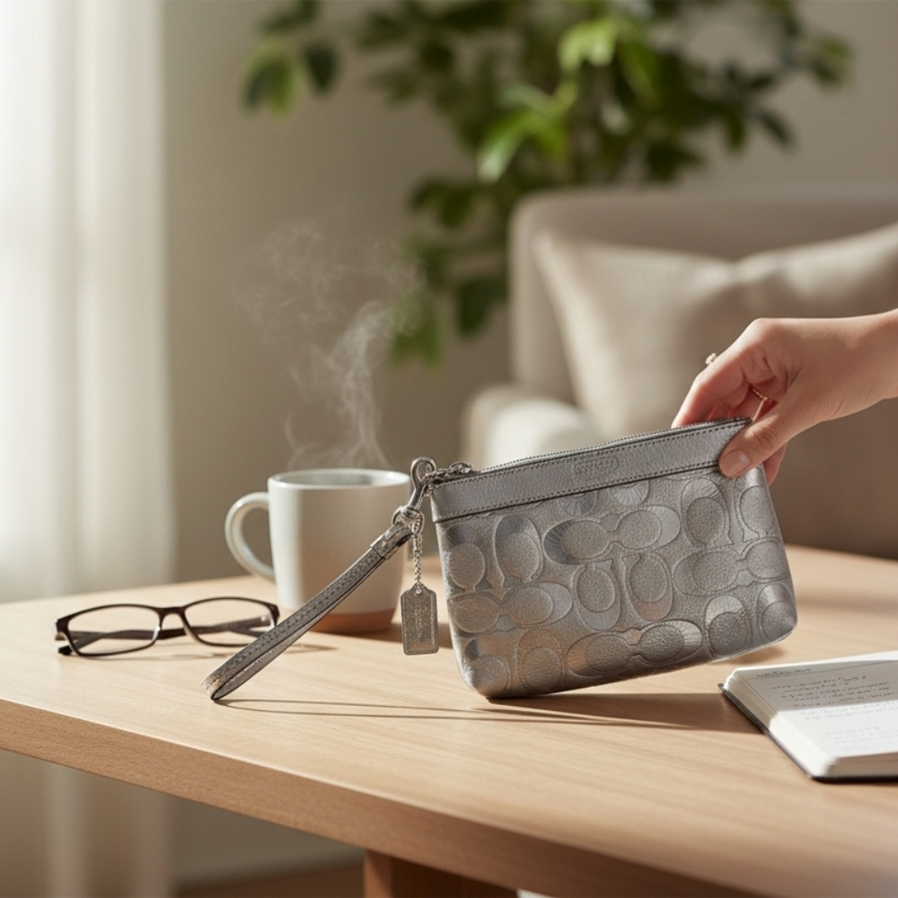 COACH  Metallic Silver/Pewter Wristlet Embossed/Debossed C's - Picture 2 of 5